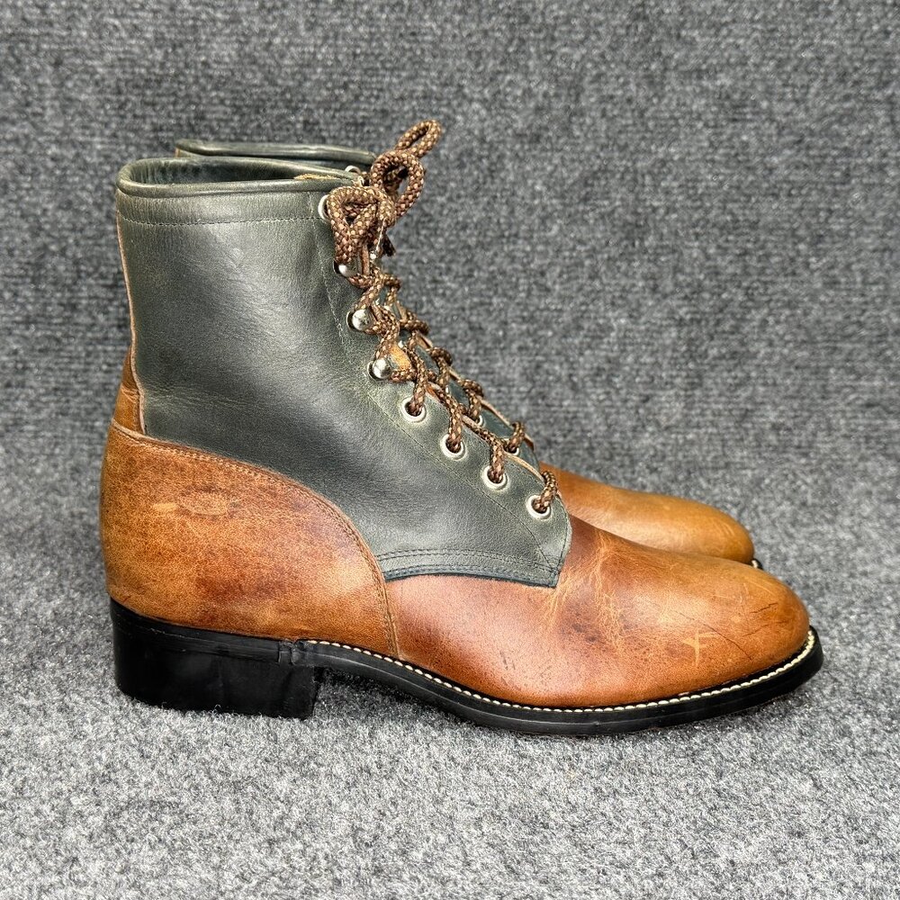 Justin Conductor Boots Boys Size 3.5 Brown Green Leather Vintage Lace Up Western